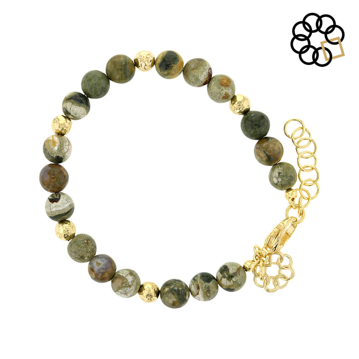 EMBRACE THE DIFFERENCE® Natural Olive Green Azurite Beaded Adjustable Strand Bracelet with 18K Gold Plated Beads, Charm Dangle